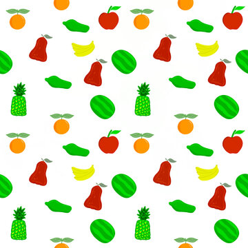 Seamless fruit pattern with cartoon-style tropical fruits like pineapple, watermelon, apple, banana, orange, and guava. Bright and playful design perfect for kids, summer themes, textiles, and packagi
