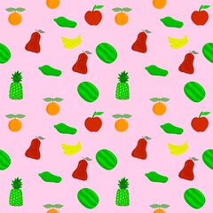 Seamless fruit pattern with cartoon-style tropical fruits like pineapple, watermelon, apple, banana, orange, and guava. Bright and playful design perfect for kids, summer themes, textiles, and packagi