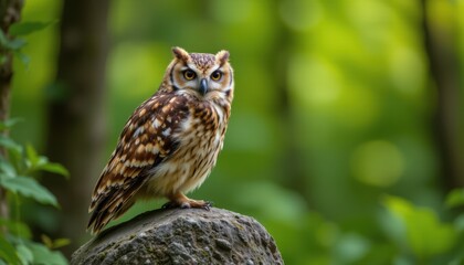 Fototapeta premium create a striking image featuring a tawny owl perched on a stone in a forest against a clear green backdrop