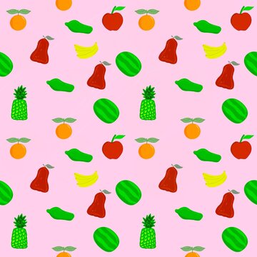 Seamless fruit pattern with cartoon-style tropical fruits like pineapple, watermelon, apple, banana, orange, and guava. Bright and playful design perfect for kids, summer themes, textiles, and packagi