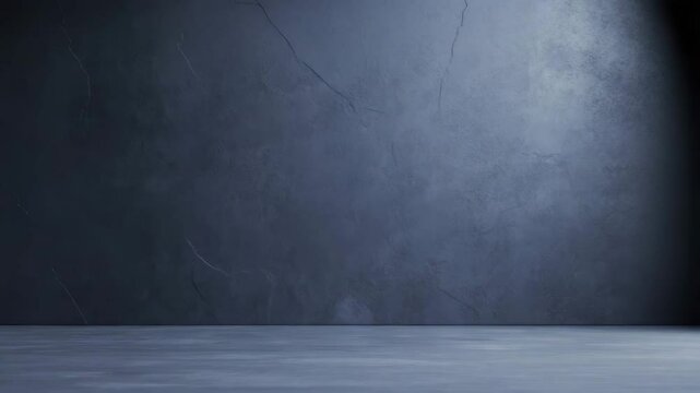 Dark empty room with concrete floor and textured wall illuminated by soft light and shadow creating moody atmosphere and dark gray concrete wall with subtle cracks enhancing industrial feel empty