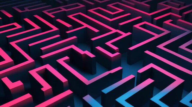 Abstract glowing pink and blue maze labyrinth with futuristic 3D digital pattern featuring complex pathways and sharp angles in dark environment creating mysterious atmosphere