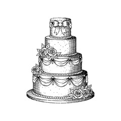 Vintage Wedding Cake Illustration – Retro Stipple Engraving Style Etched Tiered Cake Drawing with Floral Details Isolated on Transparent Background