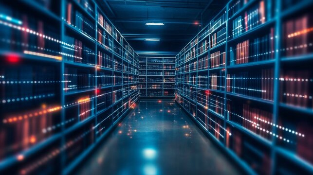 Futuristic Data Center Concept with Server Racks for Cloud Computing and Data Storage Solutions