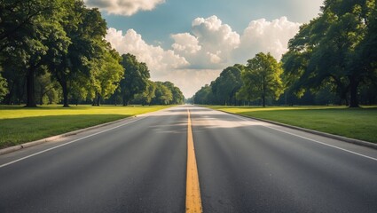 Fototapeta premium The Road Inside The Park During A Hot Summer Day with a straight road, central vanishing point, some clouds in the sky, and empty space for text