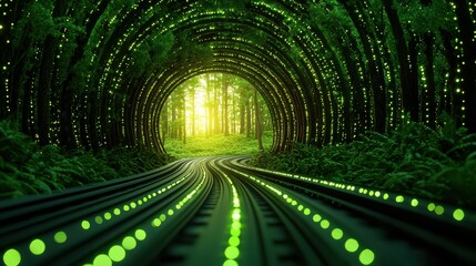 Glowing green tunnel leading to a sunlit forest Luminous path through illuminated trees