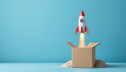 create a photo of a rocket launching from a cardboard box against a blue background