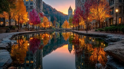 Colorful autumn reflections in a serene urban park at sunset near downtown with vibrant trees and a calm waterway