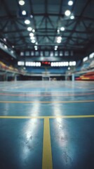 Stunning photo of blurred background of a futsal arena with an empty court and seating area. The image captures the indoor sports facility, highlighting the court markings and.