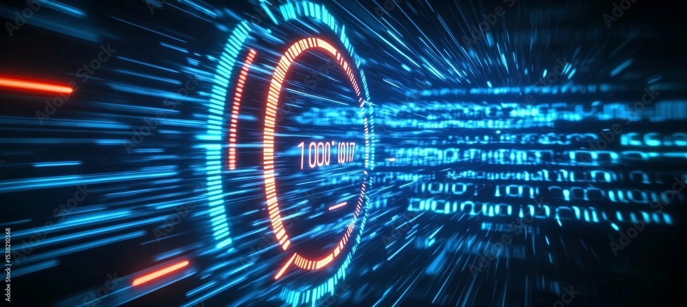 Poster futuristic connection with fast data tunnel, high-speed internet test visuals and digital metrics