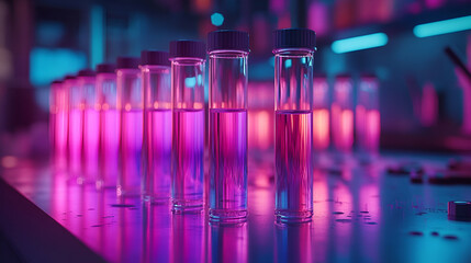 Rows of test tubes filled with vibrant colored liquid in a laboratory setting.