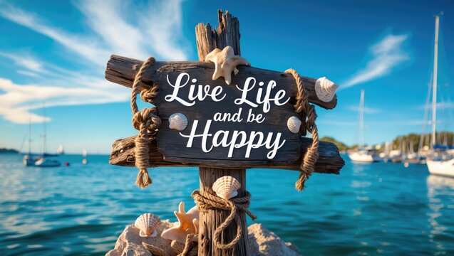 A driftwood sign reading "Live Life and Be Happy" in front of a serene harbor on a beautiful blue-sky day.
