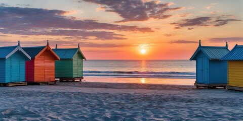 Sunset at a beach with colorful beach huts and empty space for text.