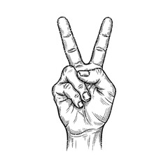 Vintage Peace Hand Gesture Illustration – Retro Stipple Engraving Style Etched Victory Sign with Two Fingers Raised Isolated on Transparent Background