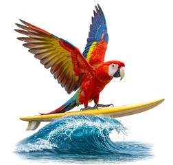 Colorful Scarlet Macaw (Ara macao) Surfing a Blue Ocean Wave