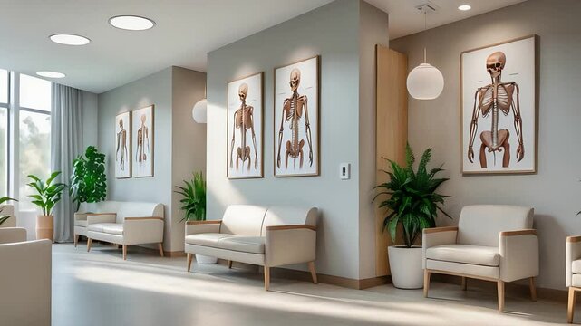 Modern Medical Waiting Room Chairs Anatomy Posters Plants Natural Light