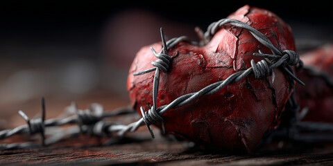 Extreme close-up of a red heart wrapped in barbed wire on a wooden table, concept of love and sentimental pain, against a dark background with copy space. Generative Ai.