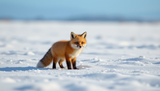 baby fox standing in a field of white snow with clear blue sky in the background, the fox is under floodlights, creating a warm glow around it