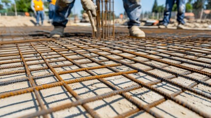 Reinforced Steel Mesh Preparation at Construction Site, detailed grid arrangement, construction workers organizing materials, sunlight enhancing steel texture