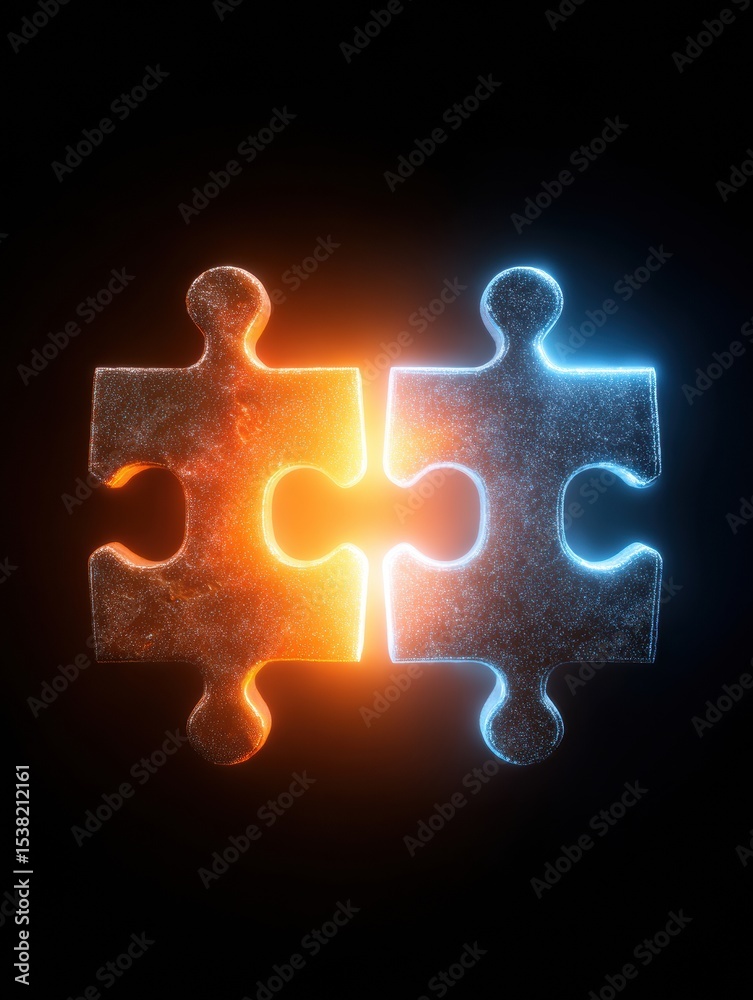 Poster Two Glowing Puzzle Pieces Connected in a Dark Background With Contrasting Colors Highlighting Unity and Collaboration