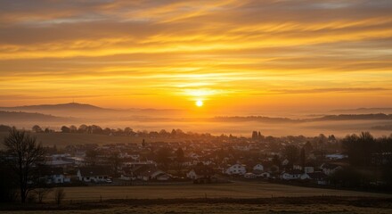 Golden sunrise over a misty village nestled in rolling hills.