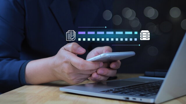 File sharing isometric. Digital system for transferring documents and files online. Data Transfer concept. Document data for backup.
