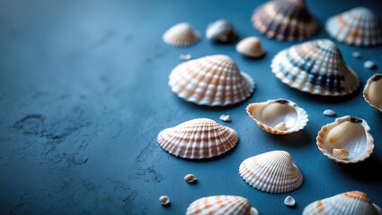 Seashells Arranged on a Blue Background. Sea Souvenirs. Flat Lay. Blurred Focus. Empty Copy Space for Text