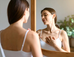 A woman doing breast self-examination in front of a mirror