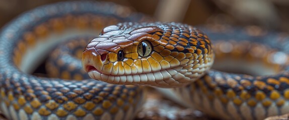 Obraz premium Close-up image of shiny reed snake, beautiful snake with detailed scales and vibrant colors.