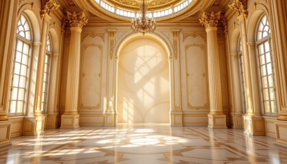 Obraz premium elegant interior palace design featuring ornate columns subject at the bottom with copy space at the top sunlit gold tones under rim light position subject clearly with ample copy