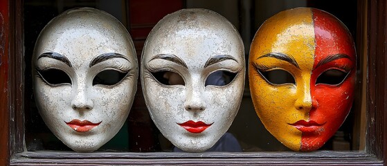 Venetian red and white masks in a theatrical setting