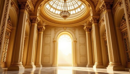 elegant interior palace design featuring ornate columns subject at the bottom with copy space at the top sunlit gold tones under rim light position subject clearly with ample copy