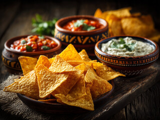 A close-up shot of a flavorful spread, featuring crispy tortilla chips and vibrant salsa dips