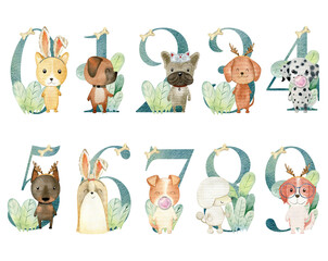 Watercolor dogs numbers.