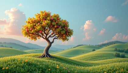 create a 3d pastel landscape featuring a tree that represents the growth and expansion of knowledge and ideas, the tree should be positioned prominently at the bottom of the image