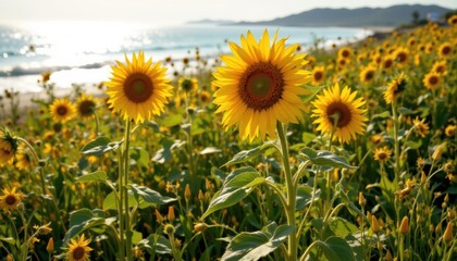 create a picturesque summer meadow scene featuring sunflowers bathed in warm sunlight by the shore