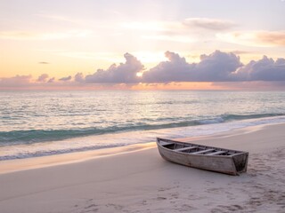 Serene sunset beach scene with wooden rowboat