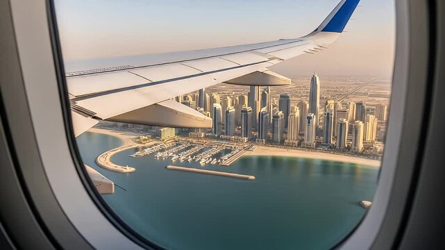 Airplane Flying Over Coastal Dubai View from Aircraft Window Before Landing at Dubai Airport