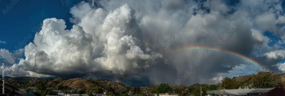 Poster storm clouds transition into a bright rainbow over hills during the afternoon sky
