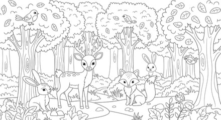 Forest animals coloring page for kids, deer, fox, rabbit, birds, trees, coloring activity on transparent background