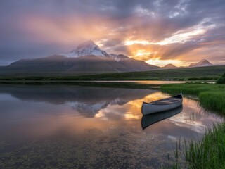 Serene sunset canoe on calm mountain lake