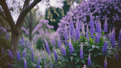 Obraz premium Beautiful purple flowers on trees in the garden with empty space for text.