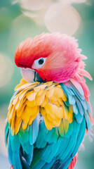 Close-up portrait of a vibrant Scarlet Macaw showcasing its colorful plumage with red, yellow and blue feathers