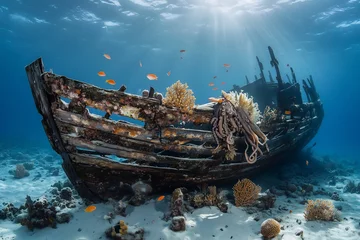 Vitrage gordijnen Wrecked wooden ship lying on the ocean floor with marine growth and schooling fish, symbolizing a forgotten maritime past. © Yhogi