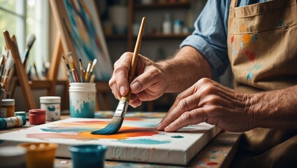 Fototapeta premium Artist's hands skillfully painting vibrant colors on canvas in a well-lit studio, surrounded by brushes and paint containers, showcasing the creative process and artistic expression