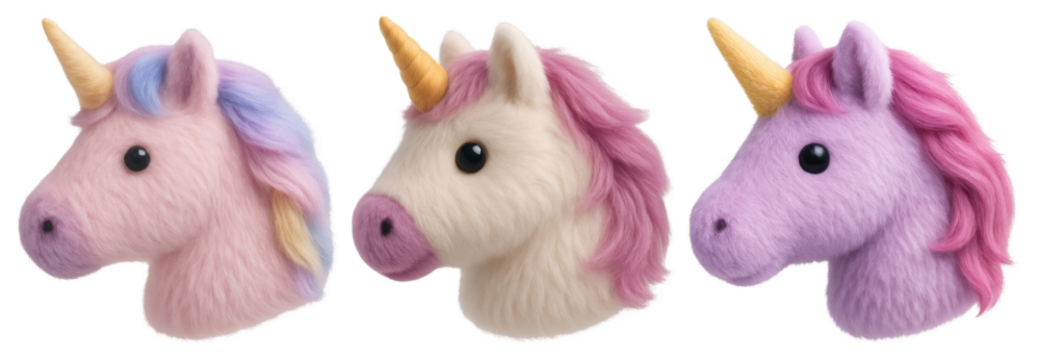 PNG Colorful plush unicorn heads, element set on transparent background