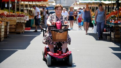Obraz premium Woman in floral dress riding mobility scooter through vibrant market, surrounded by colorful stalls and shoppers, showcasing accessibility and community engagement in a lively atmosphere