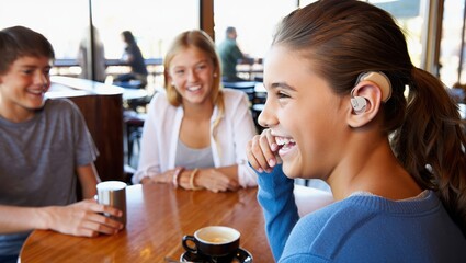 Young girl with hearing aid smiling joyfully at friends in a cozy cafe, enjoying a lively conversation over coffee, capturing the essence of friendship and connection in a warm atmosphere
