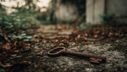 Rusty key on weathered stone path