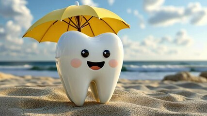 Happy tooth character with umbrella relaxing on sandy beach